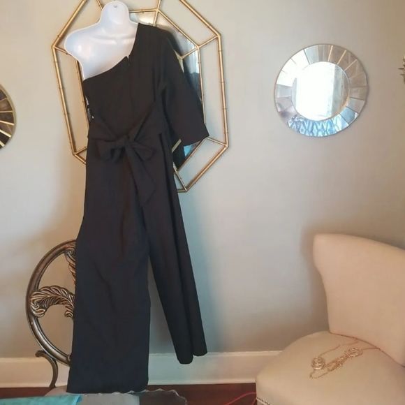 NY & Co Sexy Sleek Wide Leg 1 Shoulder Belted Jumpsuit Black NWT Sz.M $80 retail - Picture 4 of 12